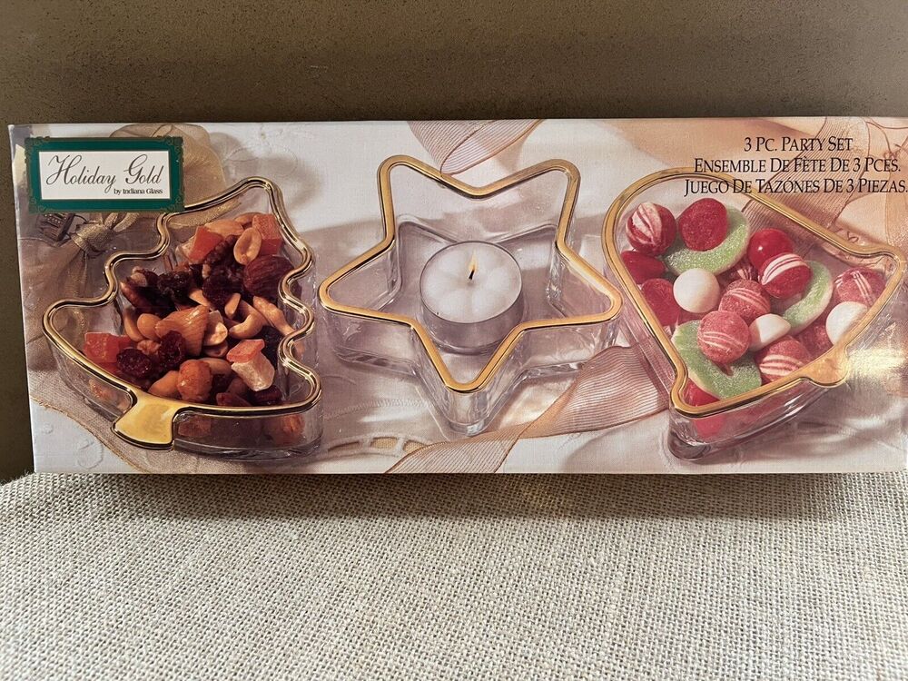 Indiana Glass Holiday Gold Candy Candle Dish w/ Gold Trim -Set of 3-Vintage